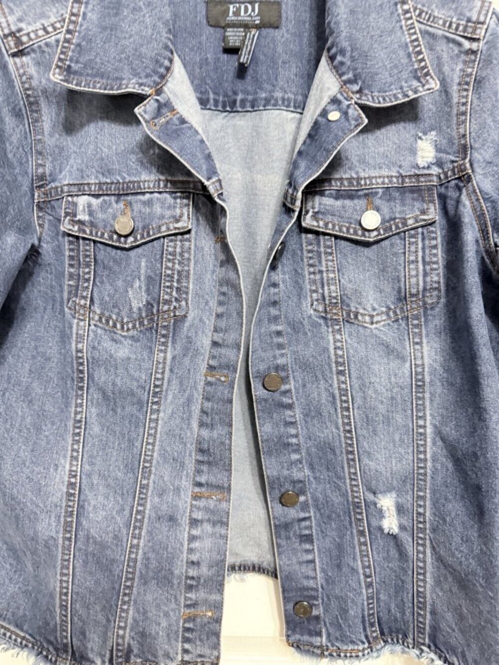 FDJ French Dressing Jeans Denim Jacket Size Large Distressed Raw Hems Festival - Picture 5 of 7